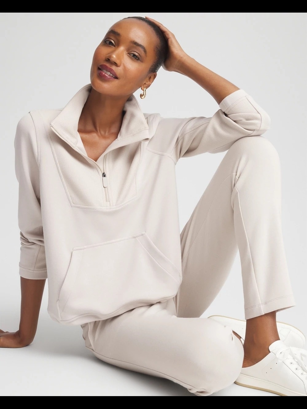 Women's Cream Scuba Zip-Neck Sweatpants Set